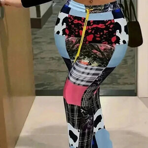 Plus Size Patchwork Print Elastic Drawstring Pants (Color: Multicolor)